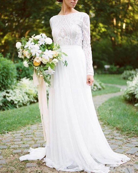 Long Sleeve Lace Wedding Dress, Boho Chiffon and Lace Wedding