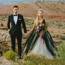 Load image into Gallery viewer, Vintage Ball Gown Gothic Bridal Dress Deep V Neck Sleeveless Lace Top And Tulle Skirt - A Thrifty Bride Shop