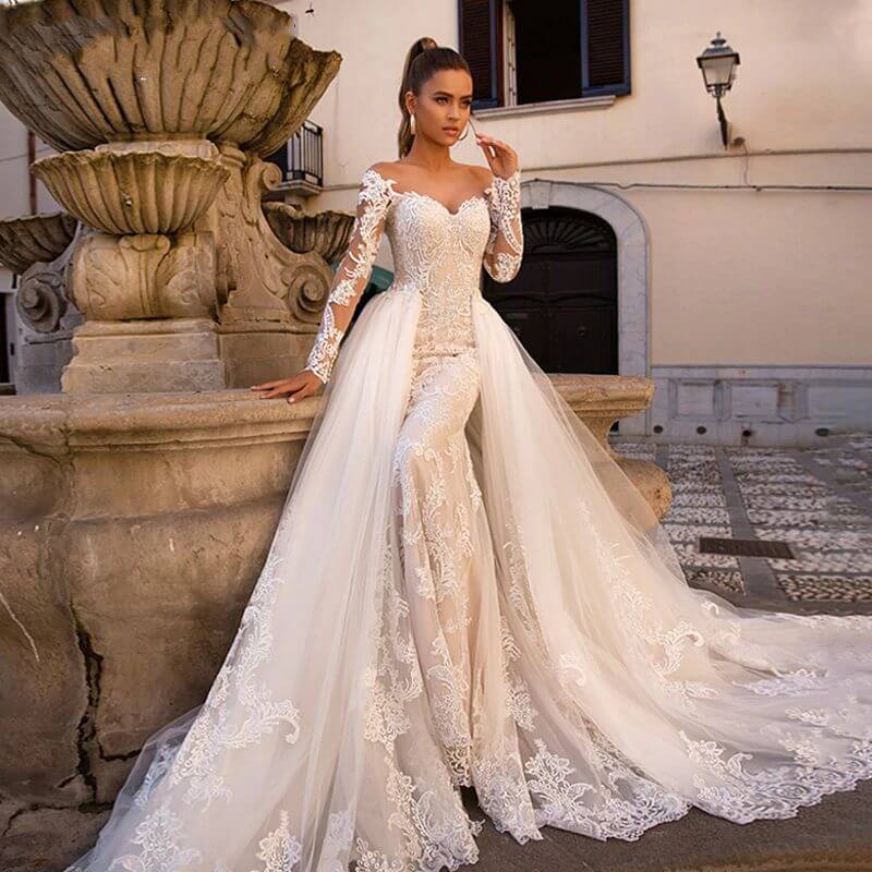 Beach Mermaid Long Sleeve Wedding Dresses with Train Strapless Lace Bridal  Gowns