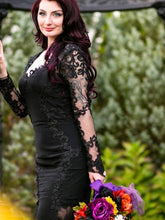 Load image into Gallery viewer, Gothic Black Lace Mermaid Bridal Dress With Long Sleeves See Through Back And Sweep Train