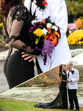 Load image into Gallery viewer, Gothic Black Lace Mermaid Bridal Dress With Long Sleeves See Through Back And Sweep Train