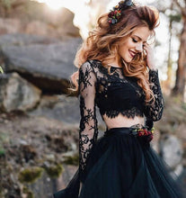 Load image into Gallery viewer, Beautiful Black Two Piece Goth/Alternative Princess Bridal Dress With Long Sleeves Lace And Tulle Embellished Skirt