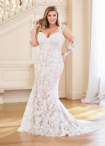 Plus Size Mermaid  Bridal Dress With Detachable Train Lace Appliques With Illusion Long Sleeves