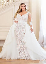 Load image into Gallery viewer, Plus Size Mermaid  Bridal Dress With Detachable Train Lace Appliques With Illusion Long Sleeves