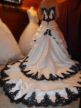 Load image into Gallery viewer, Gothic Bride Stunning  Lace Applique Tiered Bridal Dress Long Train Satin 1920's Inspired