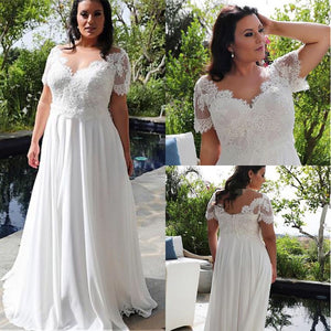 Brilliant Tulle & Chiffon V-Neck A-line Plus Size Bridal Dress With Beaded Lace Appliques Floor Length - A Thrifty Bride Shop