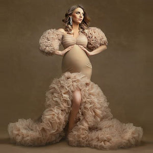 Floral Ruffled Maternity Dress For Photo Shoot Sexy Slit Puffy Sleeves