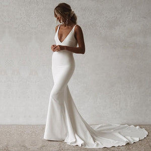 Sexy Mermaid Wedding Dress V-Neck Open Back Boho Long Train With Accent  Buttons