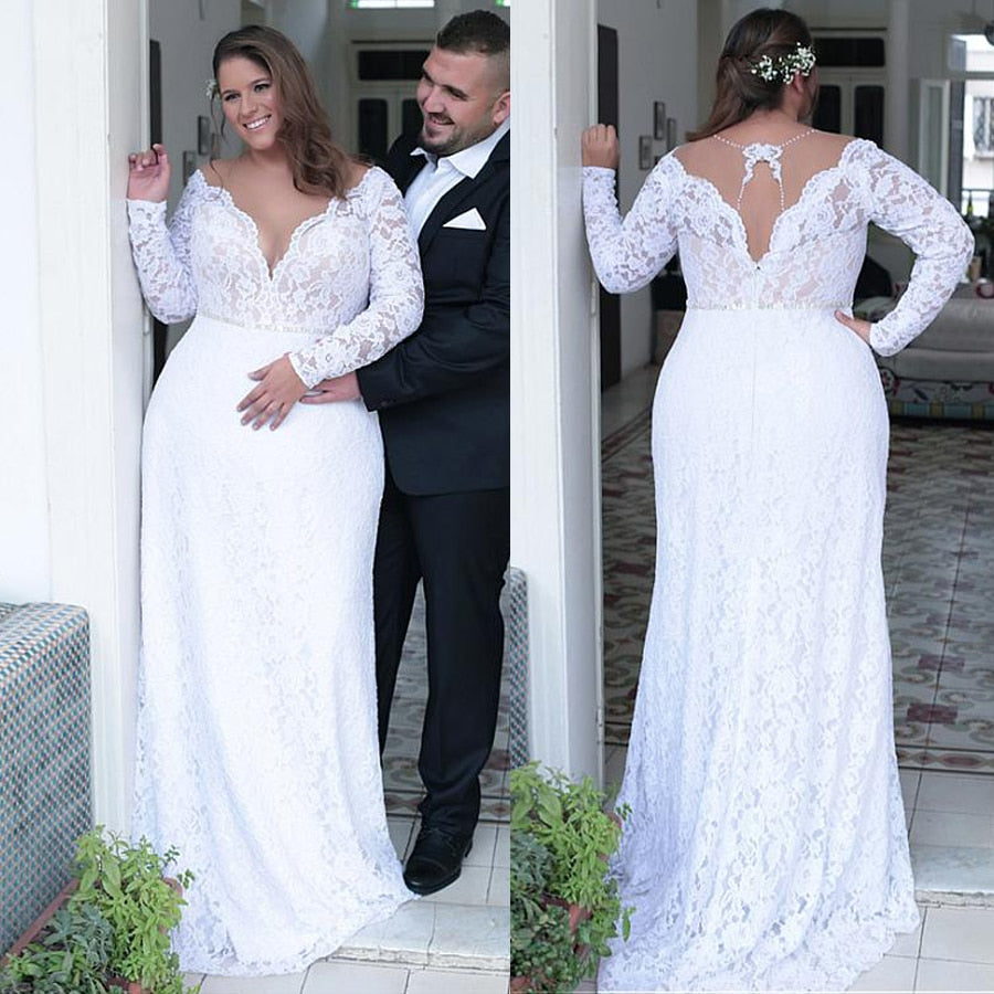 Fashionable Jeweled Neckline Sheath/Column Plus Size Bridal Dress With Beading And Open Back - A Thrifty Bride Shop
