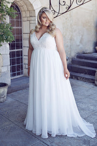 Chiffon Applique Lace Plus Size Beach Bridal Dress Corset Back Gown With Court Train - A Thrifty Bride Shop