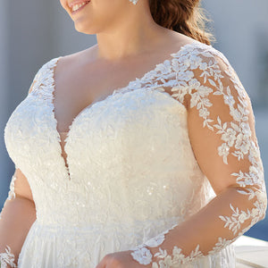 New Arrival Stunning Plus Size Bridal Dress V Neck Long Sleeve Backless With Lace Appliques - A Thrifty Bride Shop
