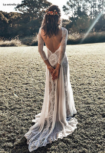 Bohemian Inspired Lace Long Sleeve Ivory Beach Wedding Dress