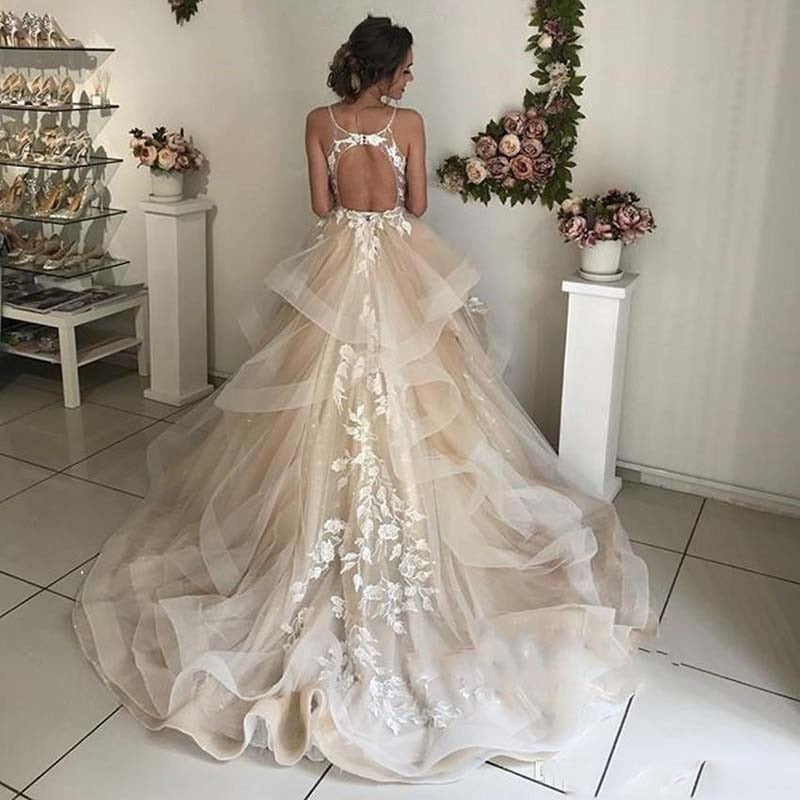 Champagne Floral Lace Wedding Dress Sexy Backless Ruffles Puffy Skirt Perfect For A Beach Wedding - A Thrifty Bride Shop
