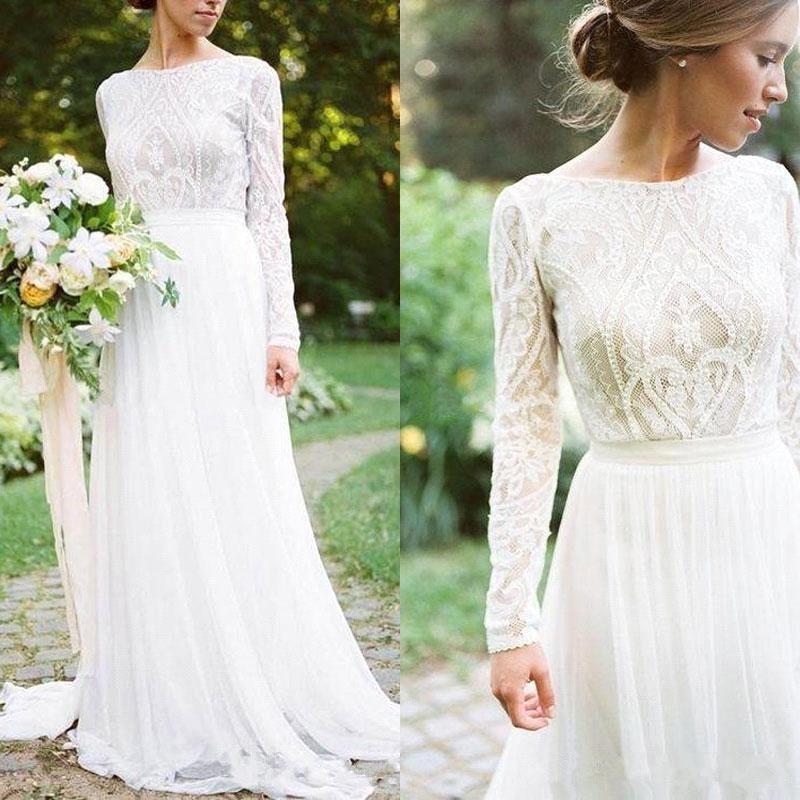 Sophisticated Bohemian Lace Long Sleeve White Chiffon A Line Wedding Gown - A Thrifty Bride Shop