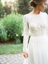 Load image into Gallery viewer, Sophisticated Bohemian Lace Long Sleeve White Chiffon A Line Wedding Gown - A Thrifty Bride Shop