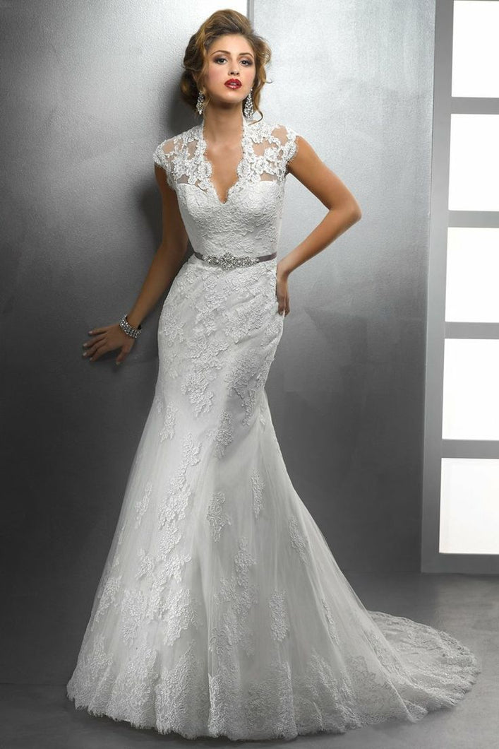 Romantic Style Deep V-neck Rhinestone Sashes Lace Covered Back Mermaid Wedding Dress 2019 New Fall Winter Gown - A Thrifty Bride Shop