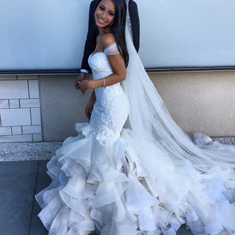 Luxurious Beaded Lace Bodice Ruffled Skirt Country Mermaid Wedding Dress With Chapel Train - A Thrifty Bride Shop