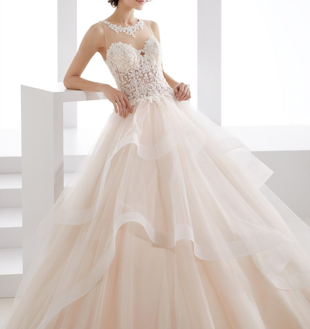 Sexy See Through Bodice Romantic Wedding Dress With Lace Appliques And Ruffled Skirt - A Thrifty Bride Shop