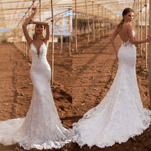 Load image into Gallery viewer, Sexy Mermaid Wedding Dress Spaghetti Straps V Neck 2020 Lace Appliqued Beach Inspired - A Thrifty Bride Shop