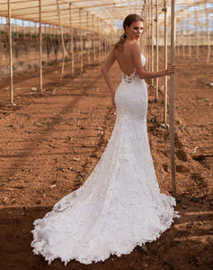 Sexy Mermaid Wedding Dress Spaghetti Straps V Neck 2020 Lace Appliqued Beach Inspired - A Thrifty Bride Shop