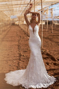 Sexy Mermaid Wedding Dress Spaghetti Straps V Neck 2020 Lace Appliqued Beach Inspired - A Thrifty Bride Shop