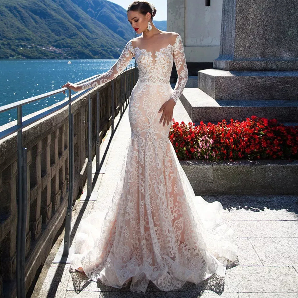 Luxury Mermaid Wedding Dress Long Sleeve And Sexy See Through Back - A Thrifty Bride Shop