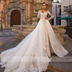 Sexy Sweetheart Lace Mermaid Wedding Dress with Detachable Train Off Shoulder Long Sleeve 2 In 1 - A Thrifty Bride Shop