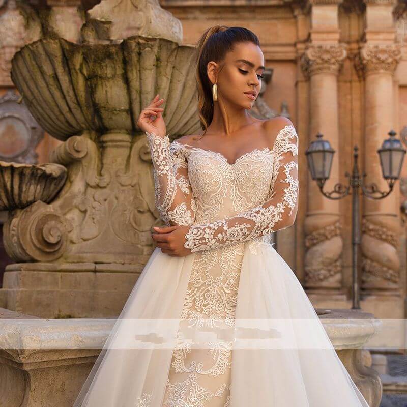 Sexy Sweetheart Lace Mermaid Wedding Dress with Detachable Train Off  Shoulder Long Sleeve 2 In 1