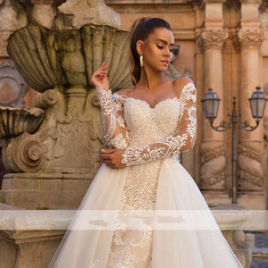 Sexy Sweetheart Lace Mermaid Wedding Dress with Detachable Train Off Shoulder Long Sleeve 2 In 1 - A Thrifty Bride Shop