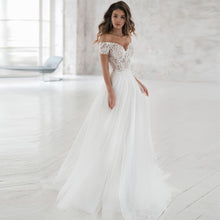 Load image into Gallery viewer, The Sales Rack-Elegant Off-Shoulder Bohemian Bridal Dress Custom Made With Soft Tulle Skirt And A-line Bodice - A Thrifty Bride Shop