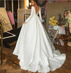 White Tulle A Line Wedding Dress Sexy Deep V Neck Long Sleeves Stunning Back - A Thrifty Bride Shop