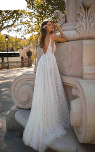 A-line Sparkling Lace Spaghetti Straps Side Split Beach Bride Wedding Dress - A Thrifty Bride Shop