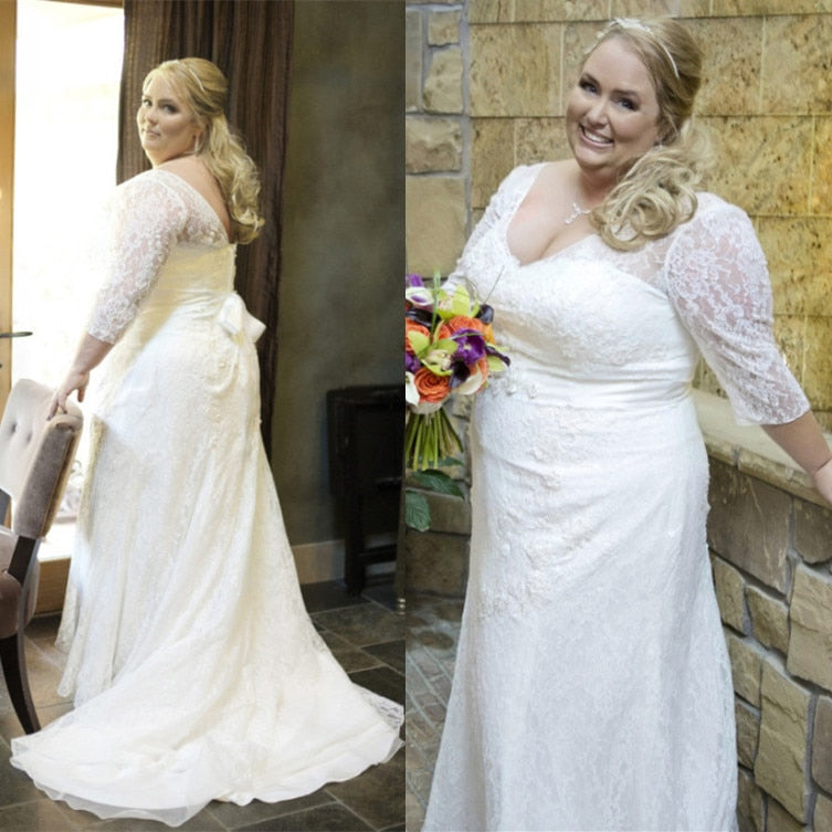 Modern Plus Size Wedded Dress With Lace Sleeves Custom Made - A Thrifty Bride Shop