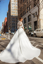 Load image into Gallery viewer, Modern High Neck Satin Wedding Dress Elegant Lace Appliques Button Illusion Back Long Sleeve And Chapel Train - A Thrifty Bride Shop