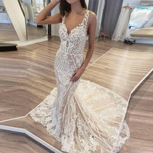 Load image into Gallery viewer, Modest Lace Mermaid Wedding Dress With Illusion Back Sexy Handmade Appliques - A Thrifty Bride Shop