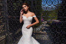 Load image into Gallery viewer, Stunning Off Shoulder Mermaid Wedding Dress With Lace Up Back And Appliqued Tulle Skirt - A Thrifty Bride Shop