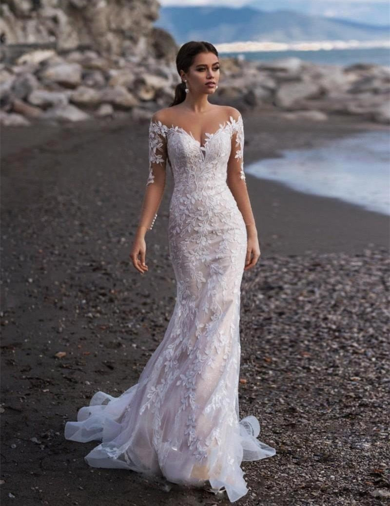 Seductive White/Ivory Mermaid Wedding Dress Long Sleeve Lace Appliques Custom Made - A Thrifty Bride Shop