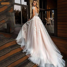 Load image into Gallery viewer, Princess Wedding Dress Cap Sleeve 3D Flowers Boho Bride Backless Bodice  Floor Length Sweep Train - A Thrifty Bride Shop