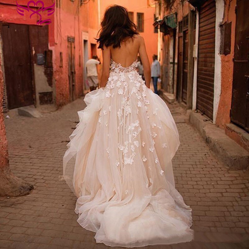 Elegant Princess A Line Wedding Dress Strapless Lace Appliques White/Ivory Full Tulle Skirt - A Thrifty Bride Shop