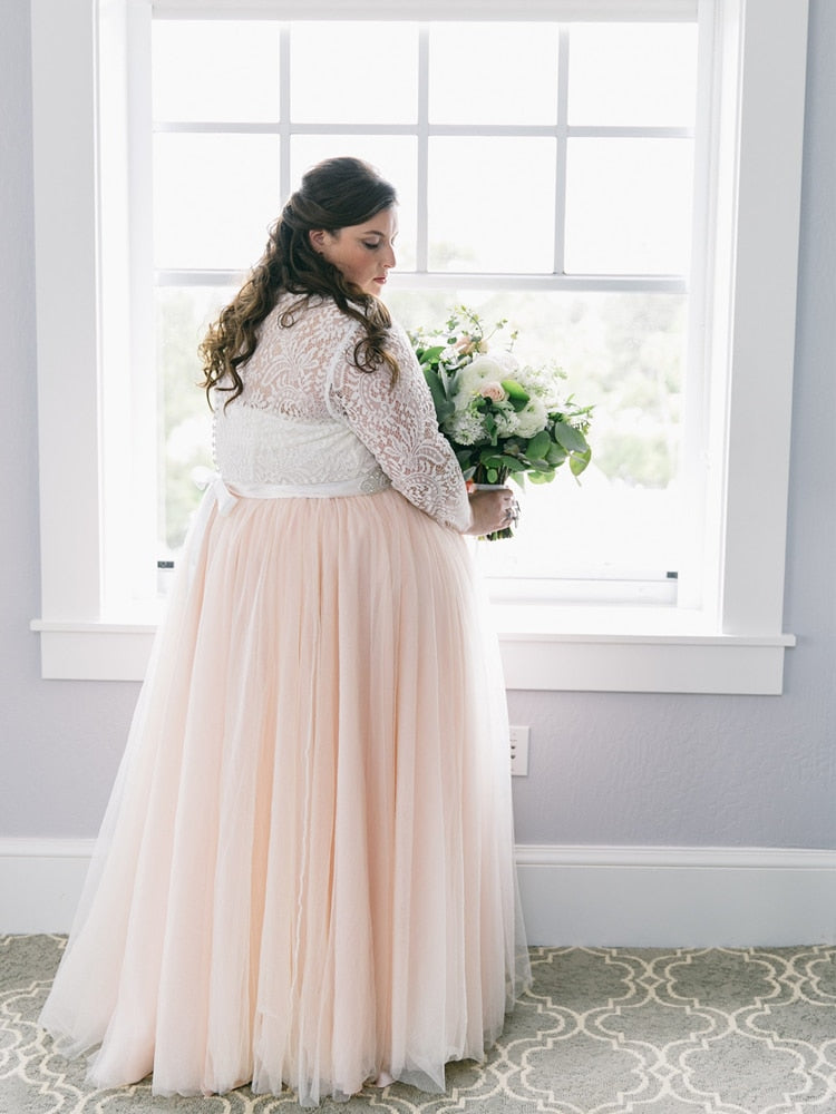 Pretty Lace Top Blush Tulle Wedding Dress Plus Long Sleeve V Neck A Line Floor Length