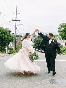 Pretty Lace Top Blush Pink Tulle Wedding Dress Plus Size Long Sleeve V Neck A Line Floor Length - A Thrifty Bride Shop