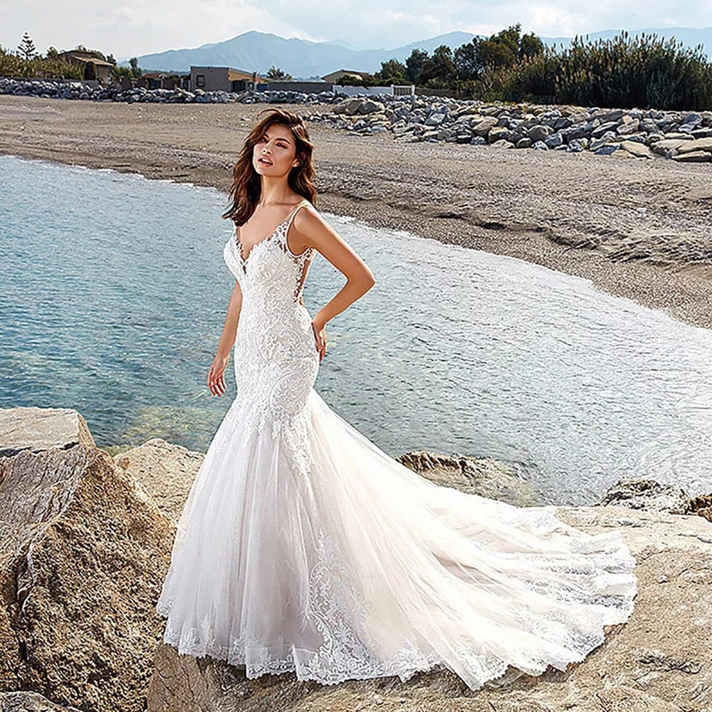Sexy Mermaid Wedding Dress Spaghetti Straps Luxuriously Made Tulle Skirt And Low Cut Back - A Thrifty Bride Shop