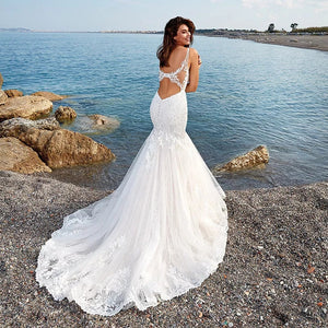 Sexy Mermaid Wedding Dress Spaghetti Straps Luxuriously Made Tulle Skirt And Low Cut Back - A Thrifty Bride Shop