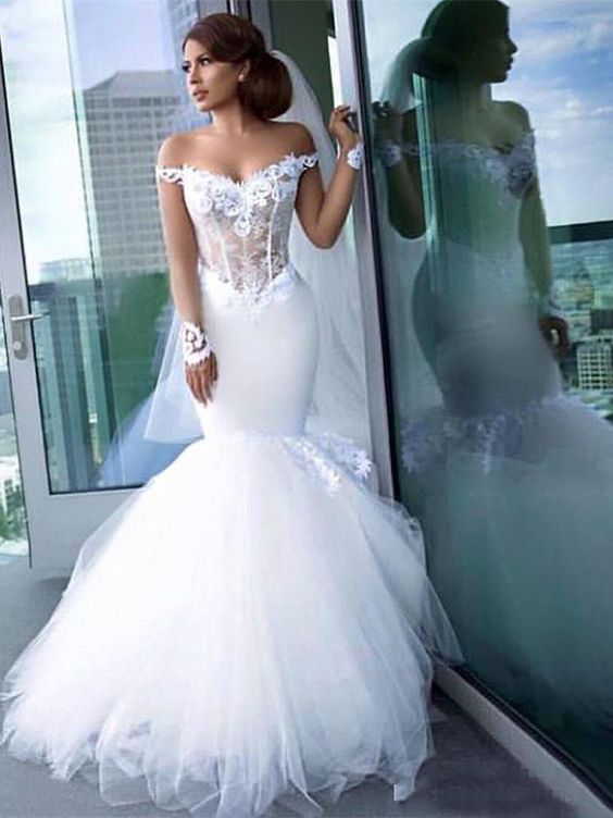 Sexy Off The Shoulder Mermaid Wedding Dress Long Sleeves Custom Made - A Thrifty Bride Shop