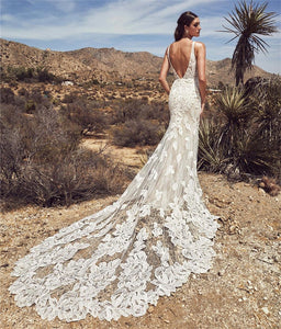 Romantic Lace Mermaid Boho Wedding Dress Sexy Backless With Long Train - A Thrifty Bride Shop
