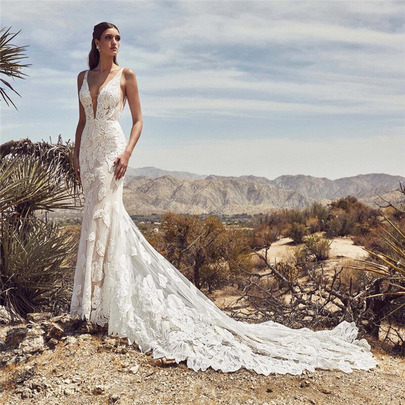 Romantic Lace Mermaid Boho Wedding Dress Sexy Backless With Long Train - A Thrifty Bride Shop