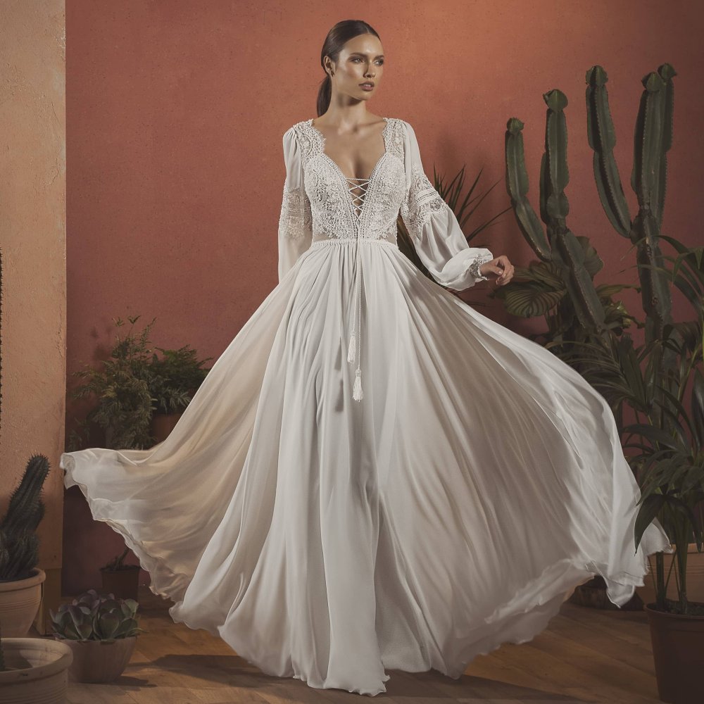2020 Long Sleeve Bohemian Backless V Neck Lace Appliqued Chiffon Wedding Dress - A Thrifty Bride Shop