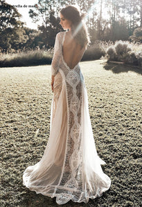 Bohemian Inspired Lace Long Sleeve Ivory Beach Wedding Dress