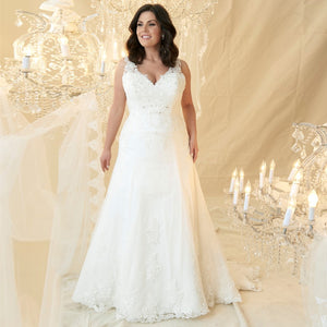 Sexy Plus Size Deep V Neck With Beading And Applique Lace Bridal Gown Has Sweep Train