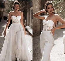 Load image into Gallery viewer, Jumpsuit Wedding Dress with Detachable Train Sweetheart Satin Lace Appliques - A Thrifty Bride Shop